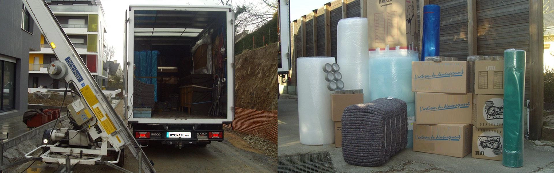 organisation d'un déménagement avec camion, monte charge et matériels de protection